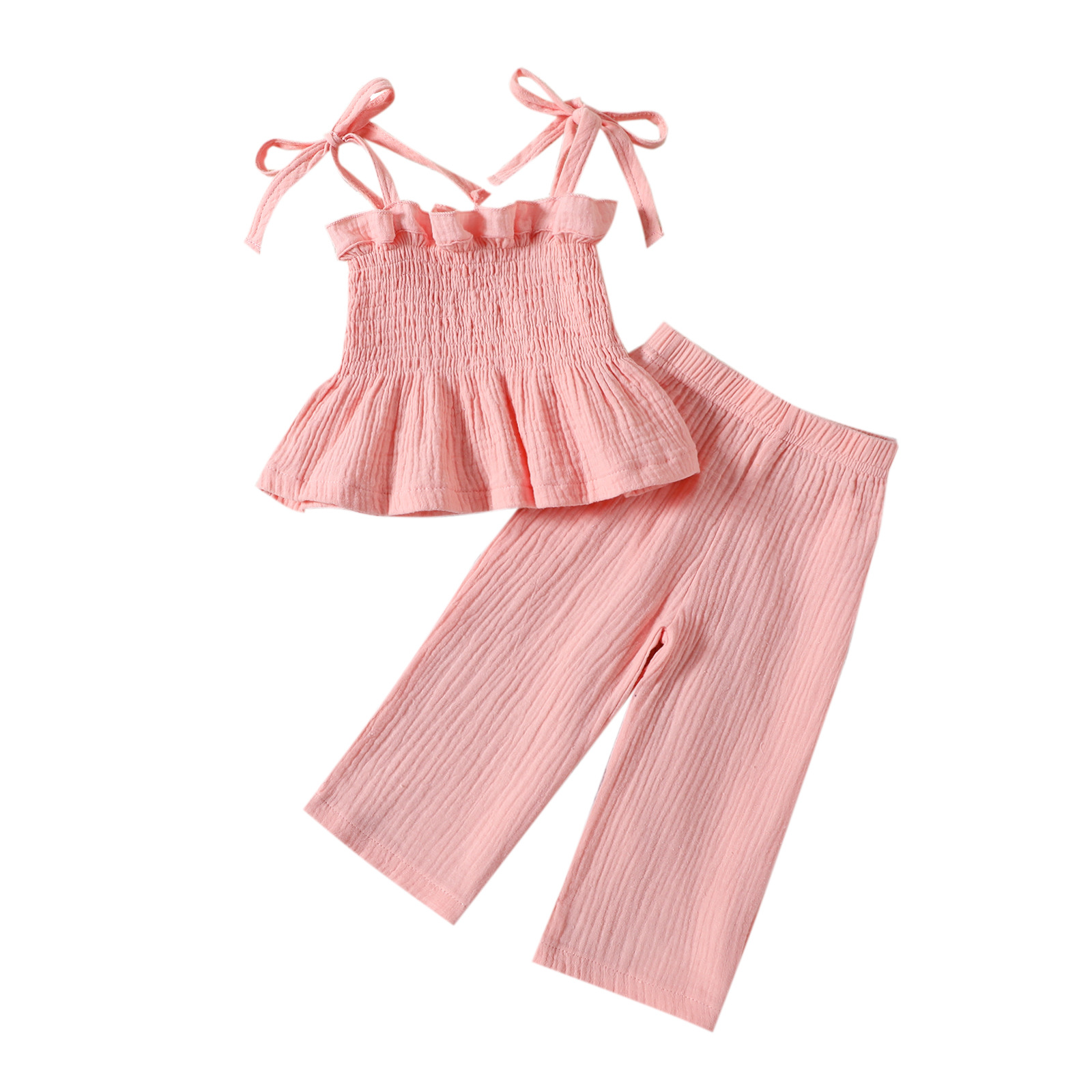 2024 New 0-3 years old infant children simple casual style sling top straight trousers girls solid color suit