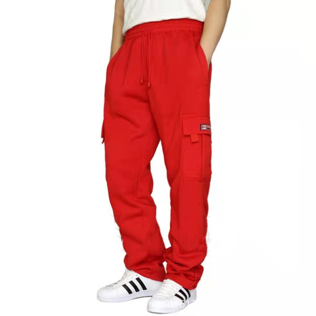 2023 cross-border new sports casual trousers fleece-lined ankle-tied multi-pocket lace men's loose overalls trousers