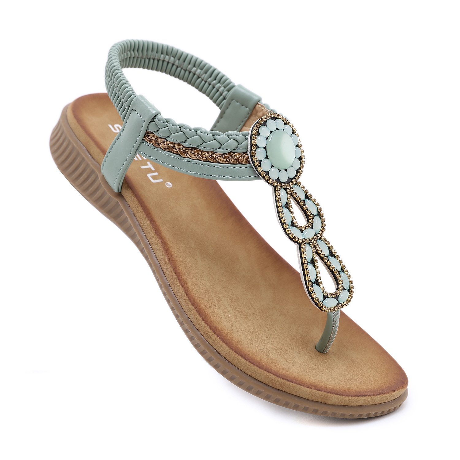 Spot 2024 New European and American Sandals Bohemian Rhinestone Comfortable Round-toe Seaside Holiday Large Size Flat Shoes
