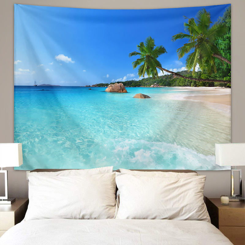 Seaside landscape tapestry Blue Sky coconut tree beach background wall hanging cloth living room bedroom background wall decoration tapestry