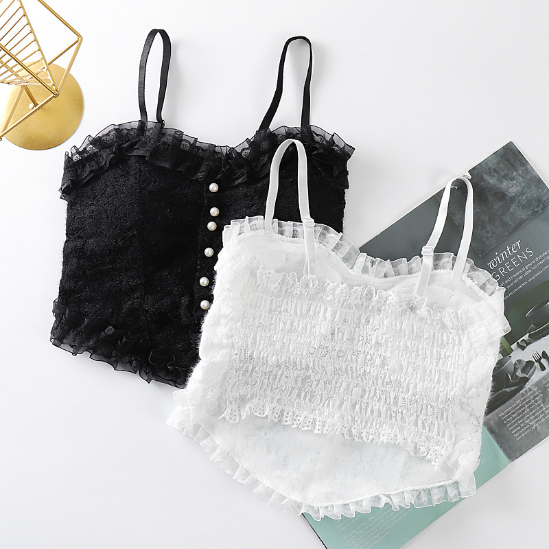 Pearl Buckle Ruffled Lace Beautiful Back Wrap Breast Tube Top Fixed Cup No Steel Ring Inner Wearing Outer Wearing All-match Camisole for Women