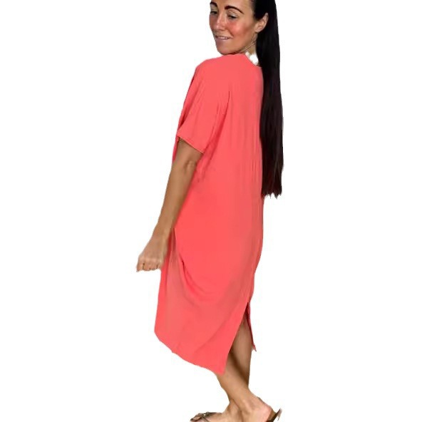 2024 spring and summer new European and American Foreign trade Women's V-neck short sleeve Ice Silk dress cross-border solid color casual midi dress
