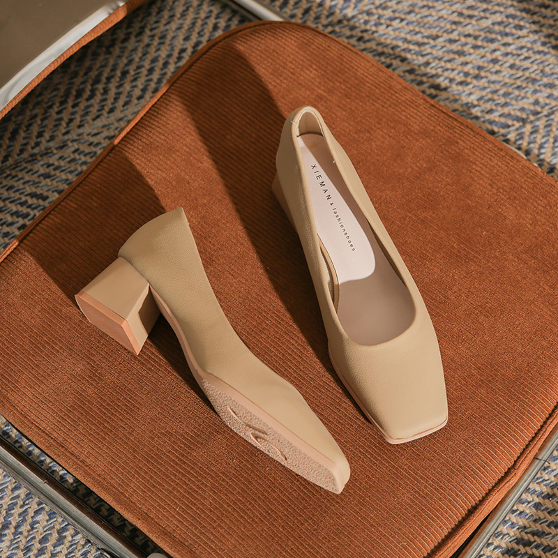 5882 New Style Single Shoes Comfortable All-match Casual Not Tired Foot Thick Heel Square Toe Women's Single Shoes Spring, Summer, Autumn and Winter 5.5cm
