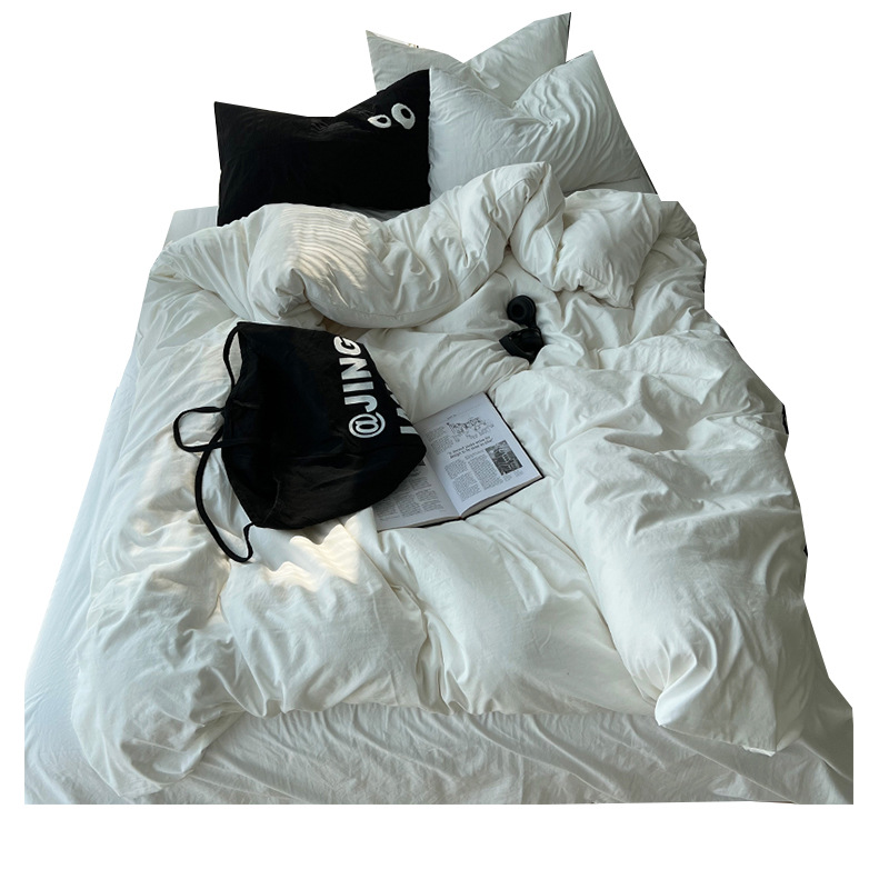 ins Milk White ~ Small Blog Main Art Style Simple Solid Color Washed Cotton Bed Sheet Quilt Cover 3 4 Piece Set 1.5 m1.8