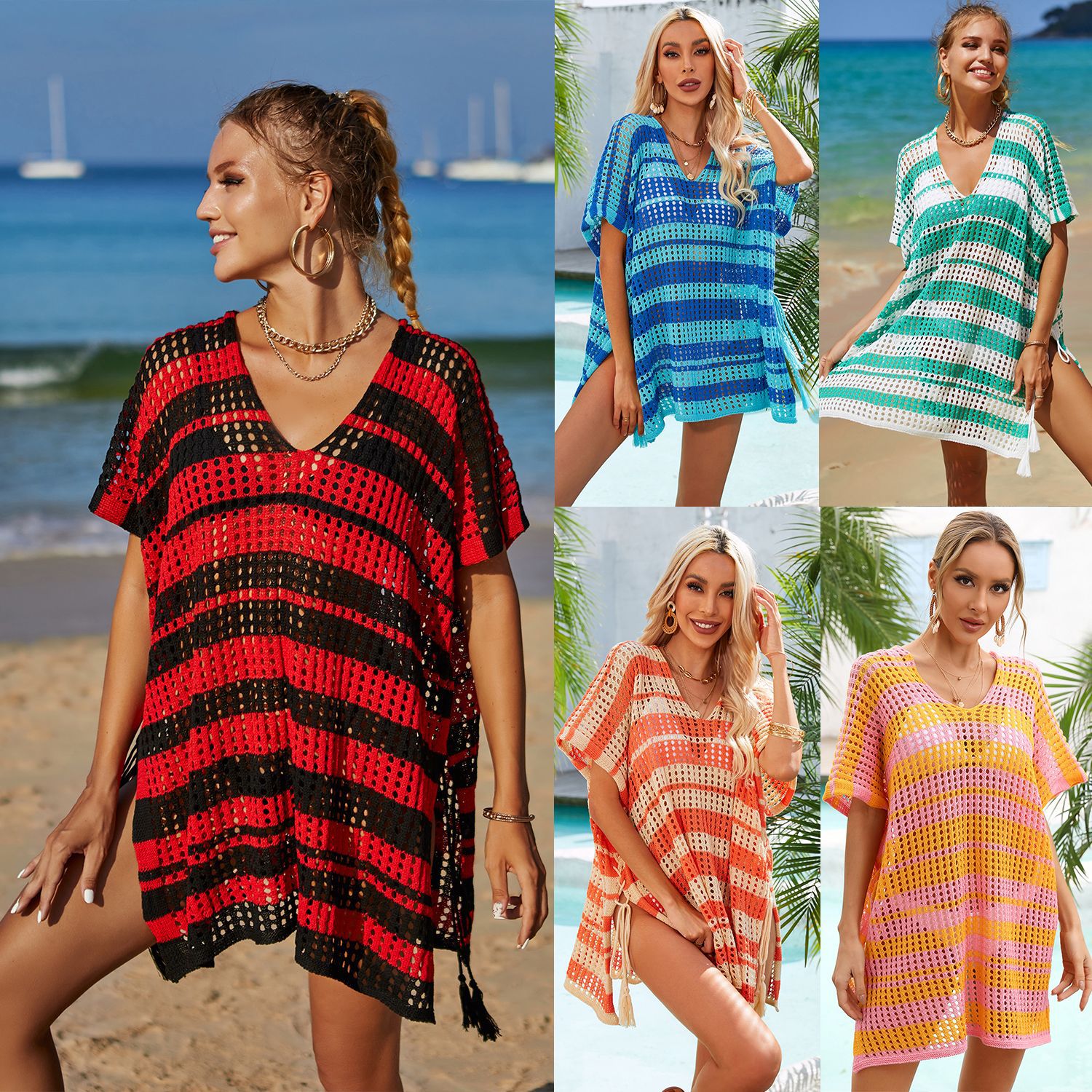 2023 Summer new European and American foreign trade explosions beach blouse hollow tie rope holiday sweater cross-border Amazon