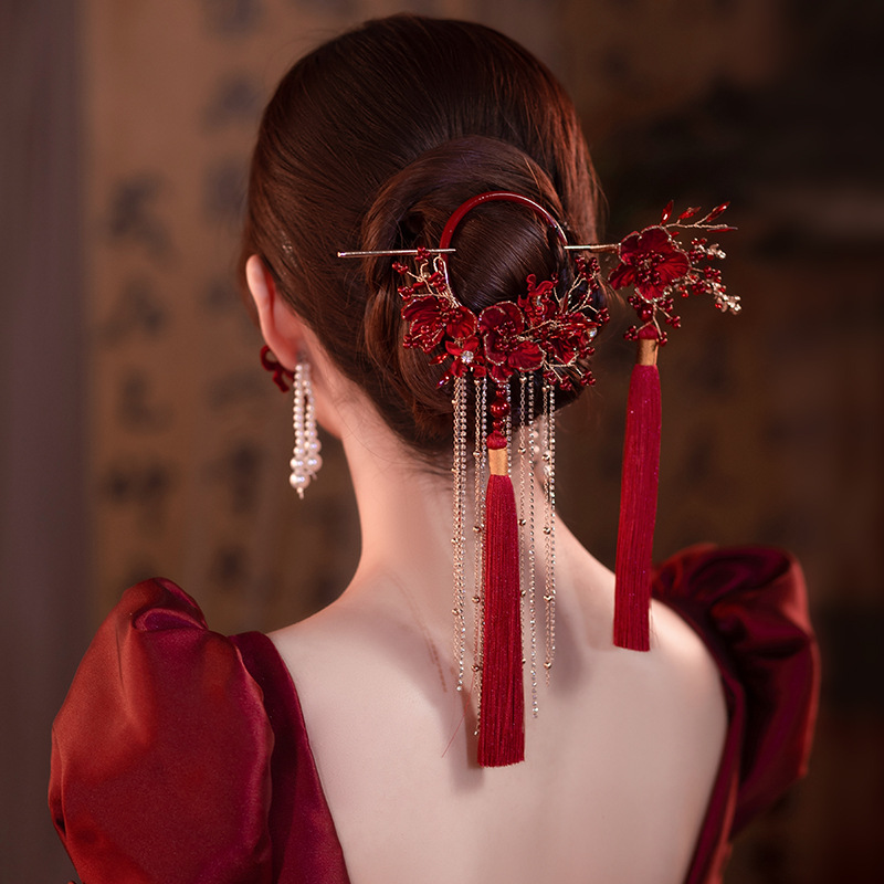 Korean-style handmade tassel hair bridal headdress red toasting clothes hair accessories modeling design studio Xiuhe accessories