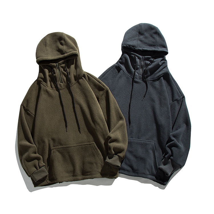 ins European and American Retro Men's Hooded Sweater Teenager Polar Fleece Men's Pullover Solid Color Trendy Brand Coat Top