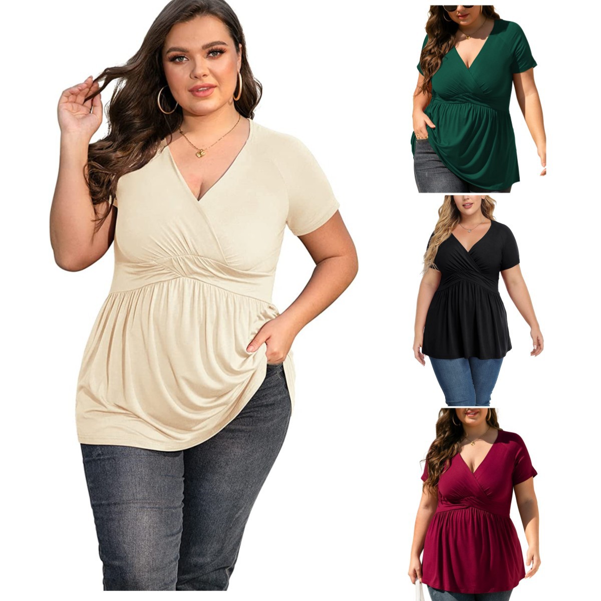 Spring and Summer 2023 New Cross-border Amazon Independent Station Explosions Women's Large Size T-Shirt V-Neck Top Foreign Trade Women's Wear