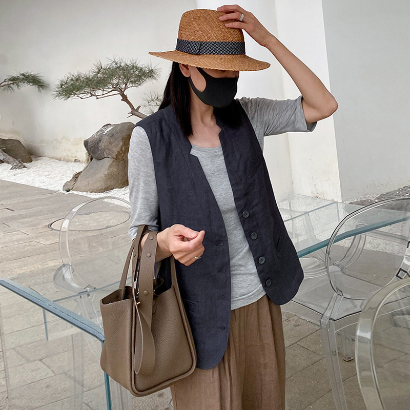 2024 Summer New Artistic Loose Solid Color Cotton and Linen Vest Vest Women's Slim Vest Jacket Jacket #6297#