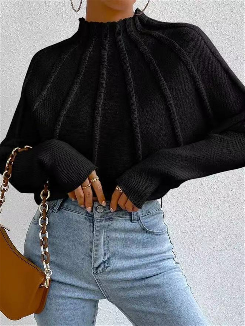 European and American cross-border Amazon half turtleneck solid color all-match knitted pullover batwing sleeve sweater for women