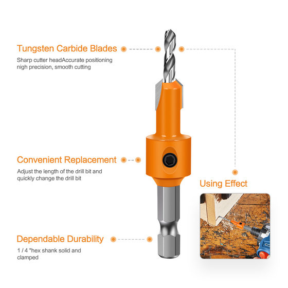 Hexagonal handle woodworking drill countersunk head drill hidden screw hole double blade punching countersunk hole drill high speed steel woodworking drill