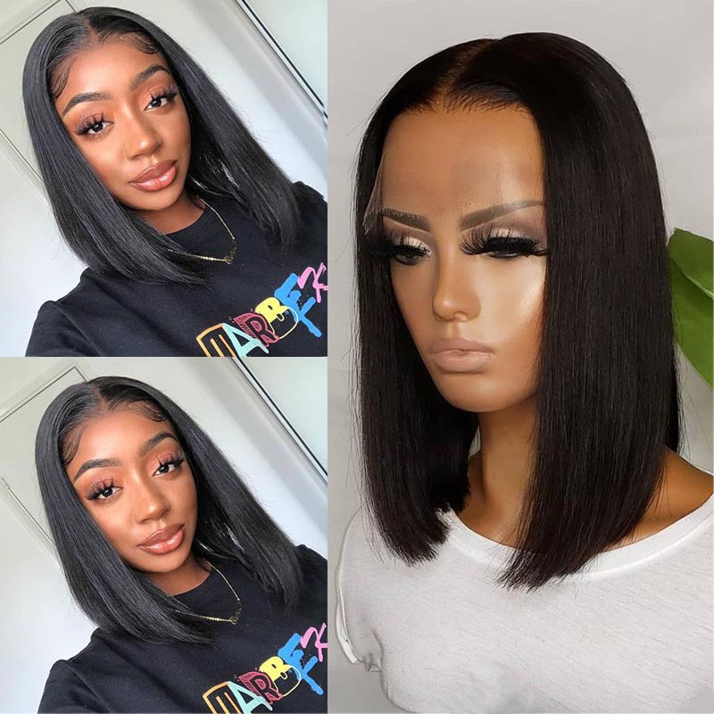 Foreign Trade European and American Wig Women's Black Short Straight Hair Mid-point bobo Wave Head High Temperature Silk Chemical Fiber Hair Front Lace Headgear