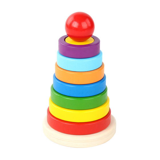 Wooden children's stacked puzzle toys wooden seven-color set tower rainbow tower building blocks stall selling wholesale