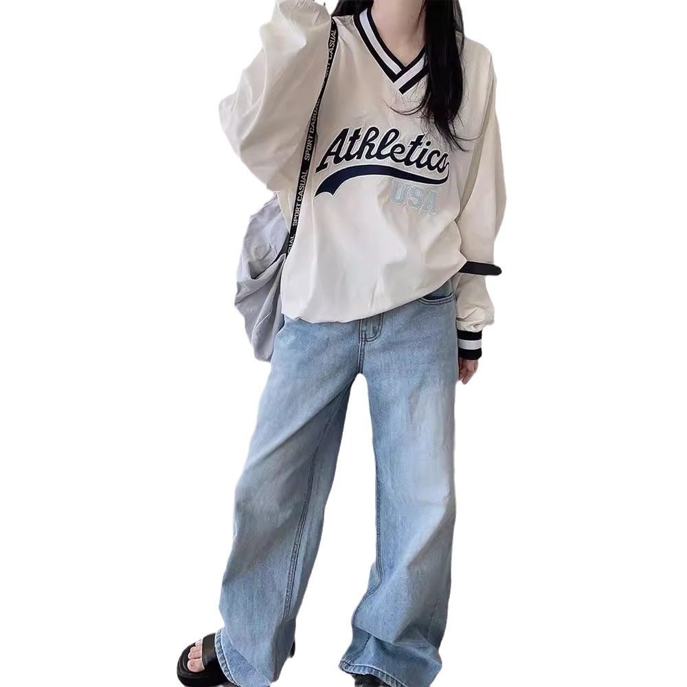 In stock! South Korea autumn sports retro V-neck loose casual loose letter loose American jersey sweater