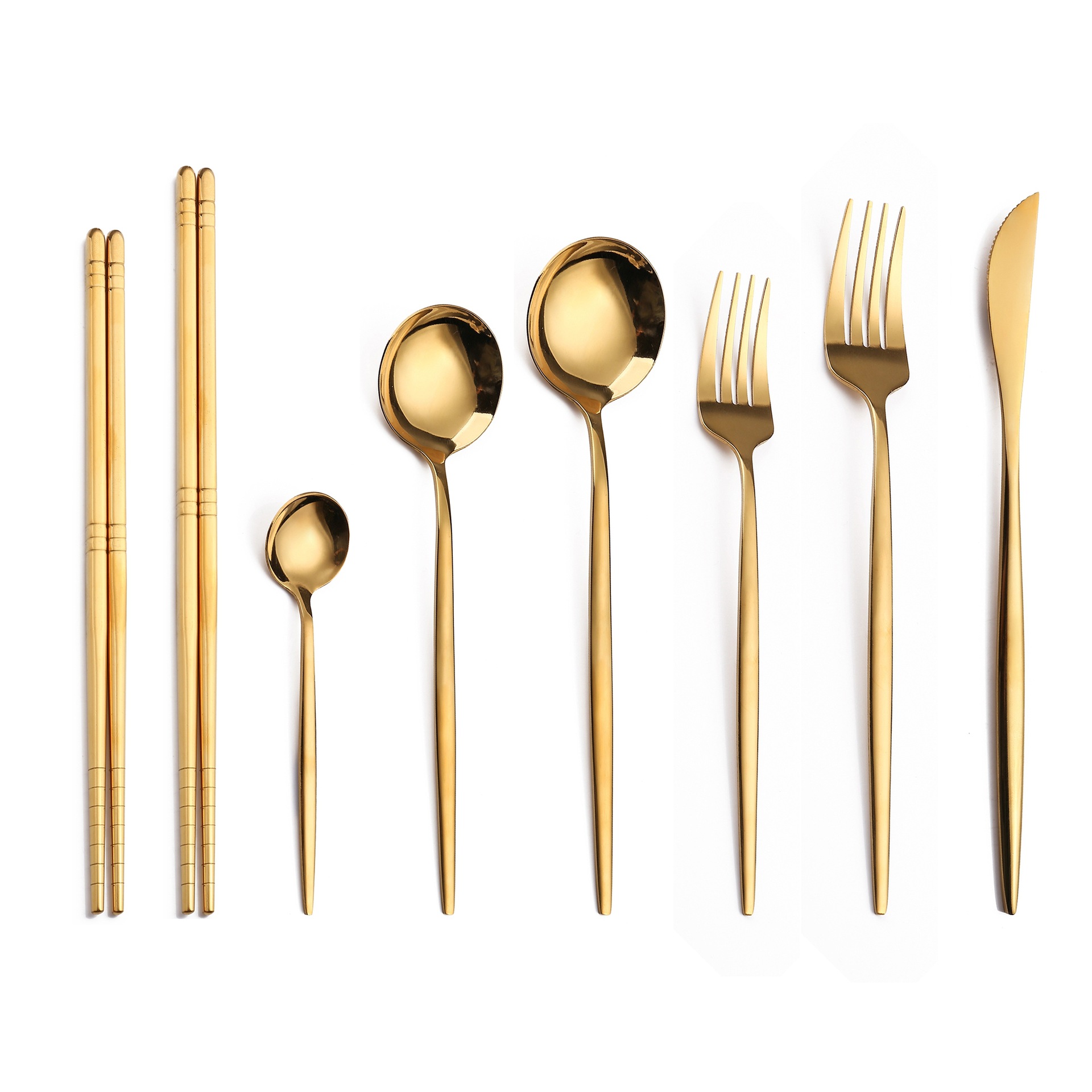 Q牛排刀叉圆勺不锈钢勺子 葡萄牙餐具套装金色长柄叉勺筷西餐刀叉