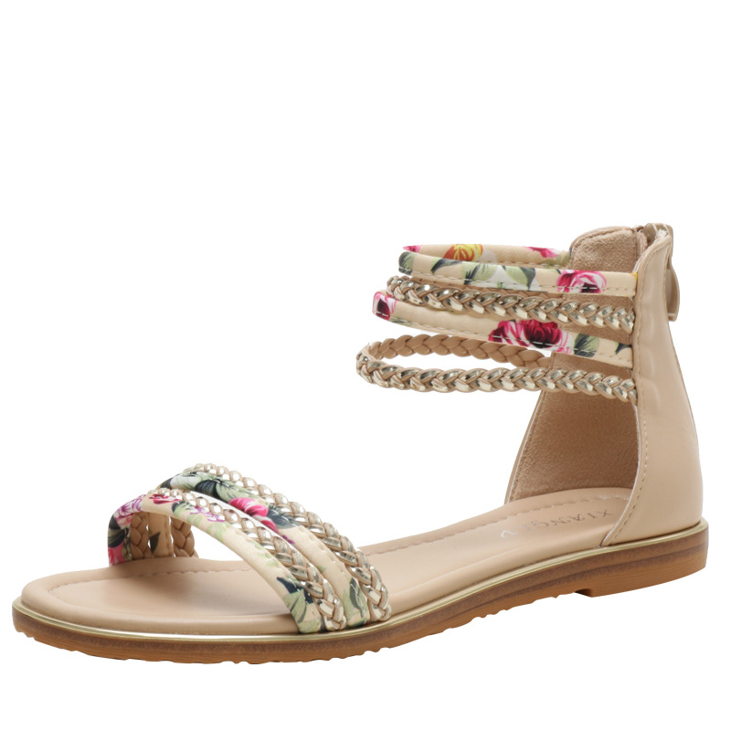 Foreign trade flat bottom roman shoes 2024 new ladies fashion casual sandals holiday travel flower cloth beach 914-5