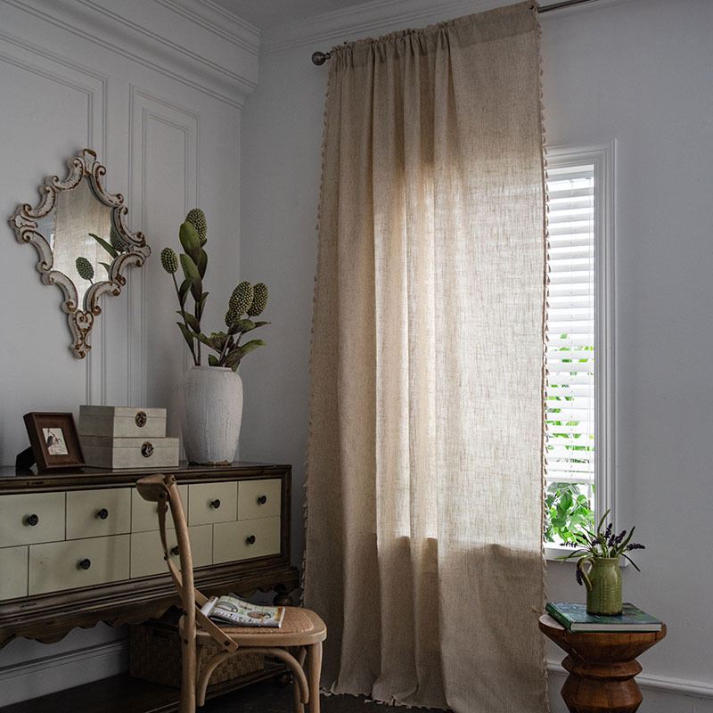Cloth dad curtain American simple solid color bamboo linen bedroom living room shading sound insulation bay window finished wholesale
