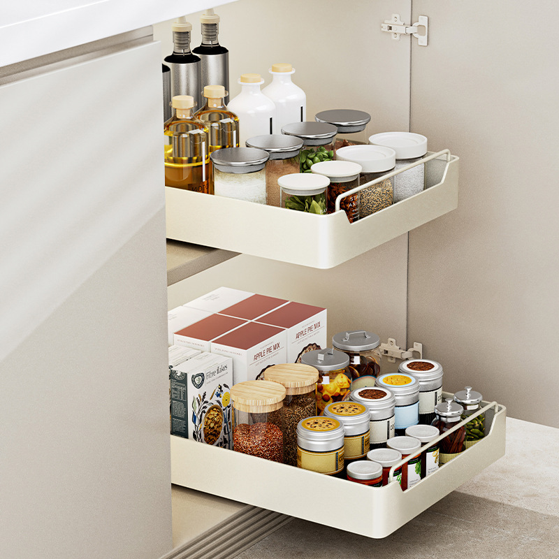 Cabinet Drawer Basket Inner Seasoning Storage Box with Slide Rail Installation-Free Lower Sink Storage Rack Storage Rack