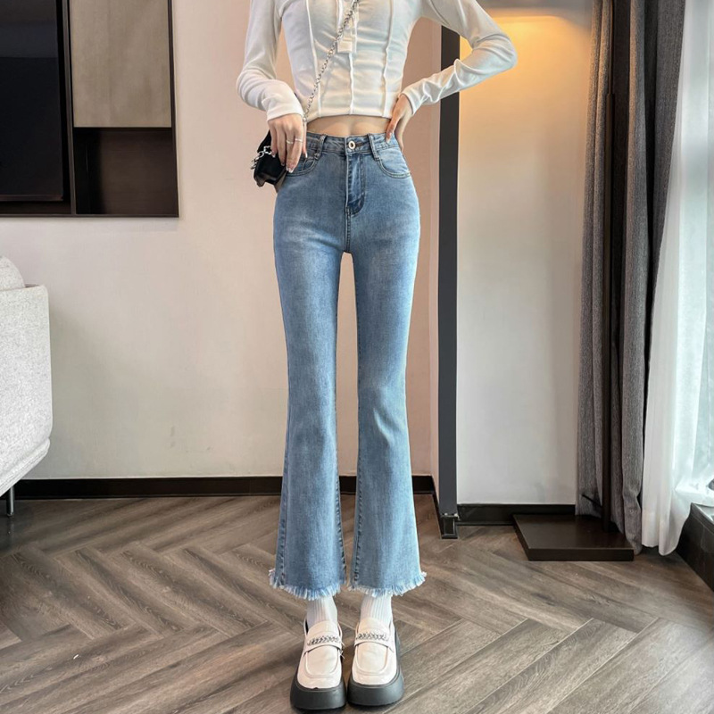 Light Blue Stretch Jeans Women's 2023 Spring Slim-fit Slimming Cropped Pants for Petite