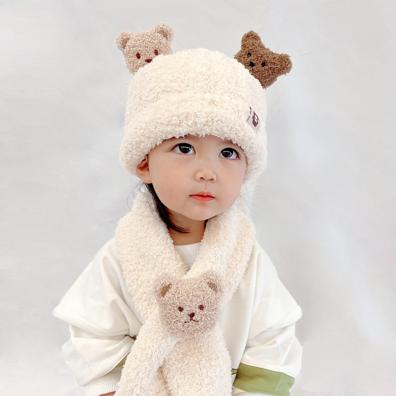 Double Bear Plush baby hat autumn and winter baby boys' scarf two-piece children girls' warm cute wool hat