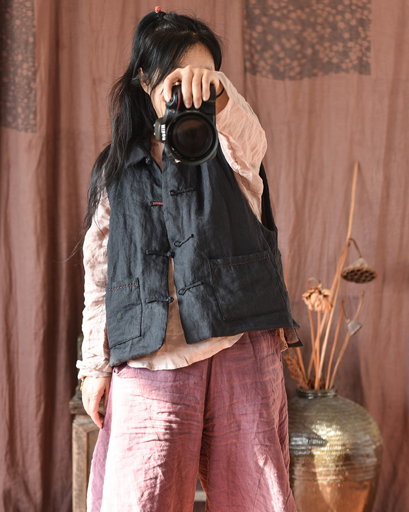 Simo/vêtements pour femmes en coton et lin faits maison gilet en coton à boucle en lin lavé au sable de haute qualité gilet en coton à enroulement rétro_voghion.com