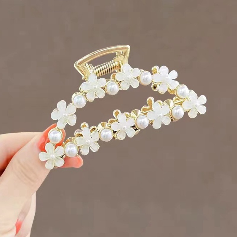 2022 New Flower Medium Grab Clip French Elegant Elegant Hair Clip Net Red Pearl Glaze Metal Hair Grab_voghion.com
