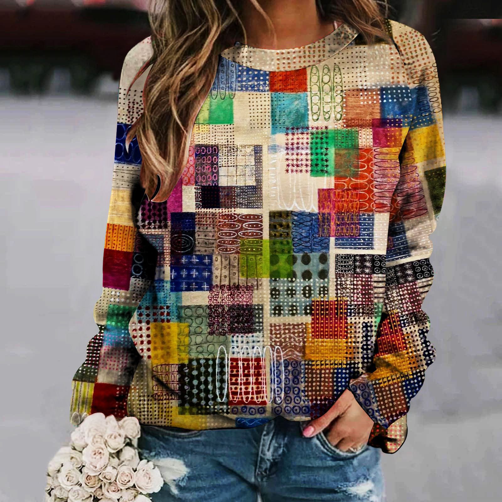 1688 women's 2023 autumn new wish creative sweater printed stitching round neck raglan long sleeve women's sweater