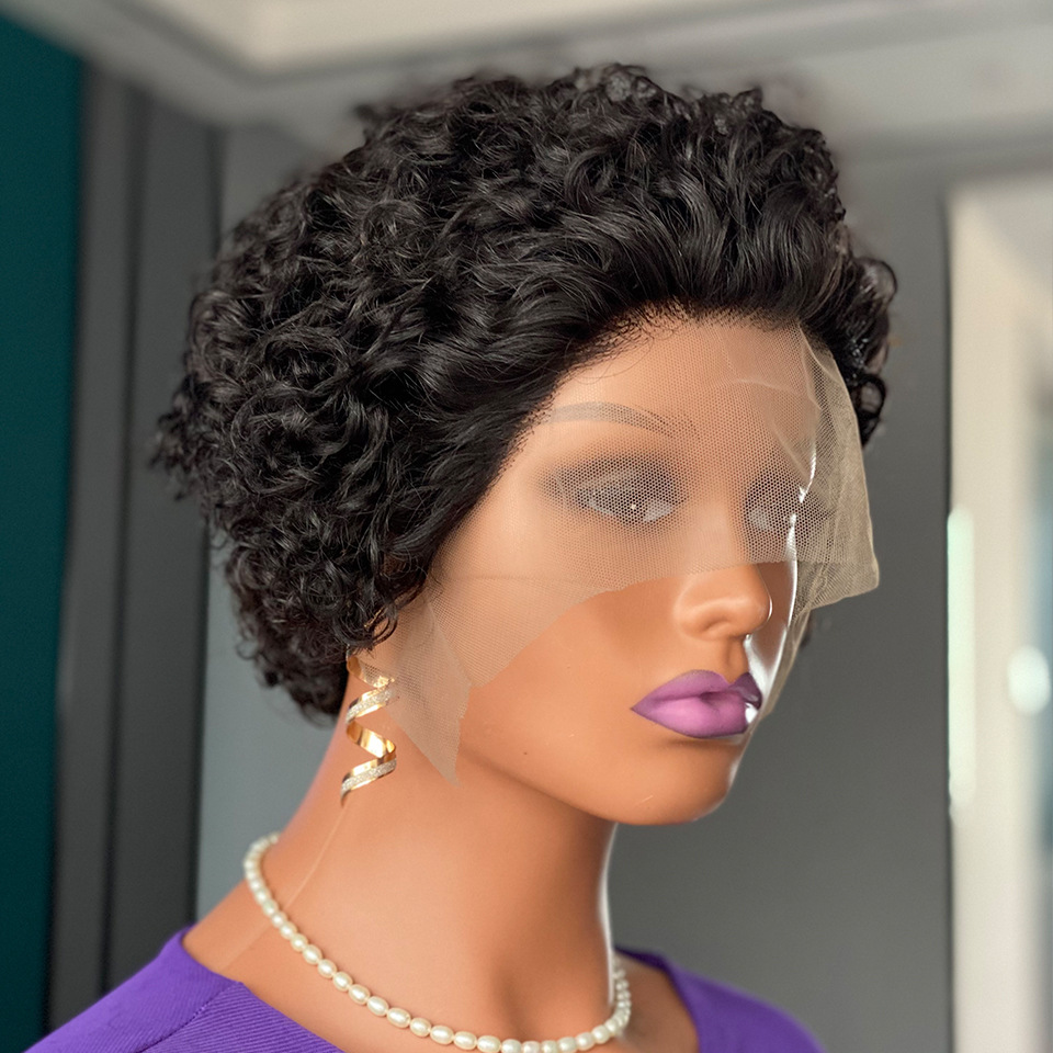 Krøllete pixie cut blondeparykk med ekte hår, Xuchang blondeparykk, kort hodeplagg_voghion.com