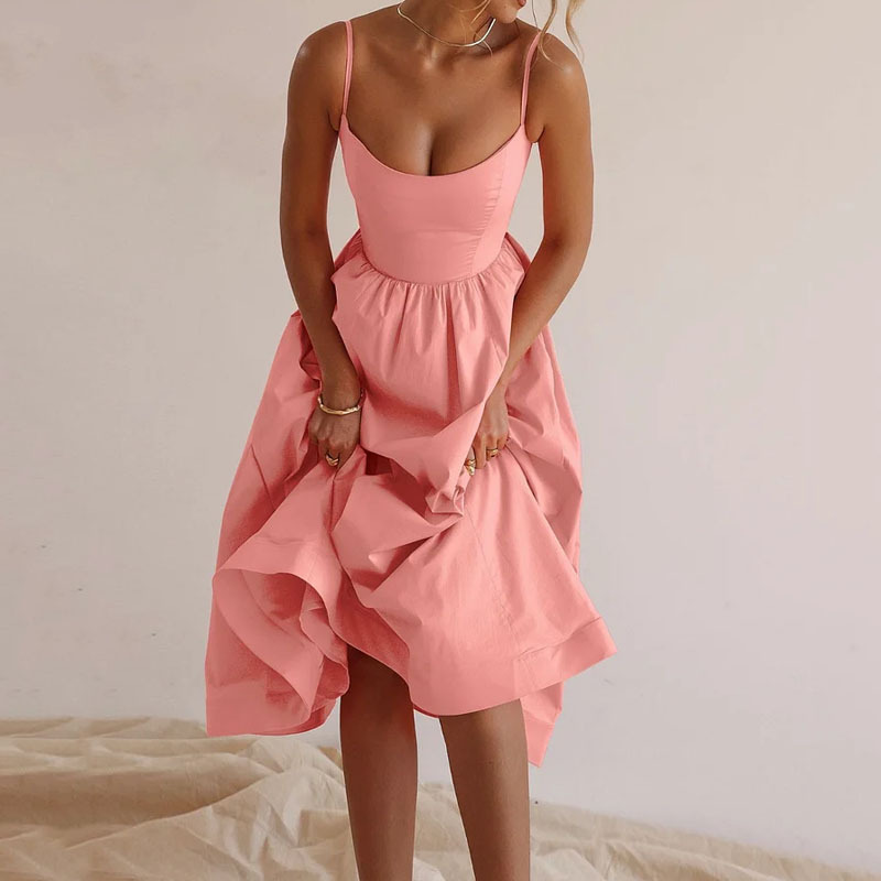 European and American Women's New 2025 Spring dress Solid Color Sexy U-Collar Waisted Pleated Sling dress