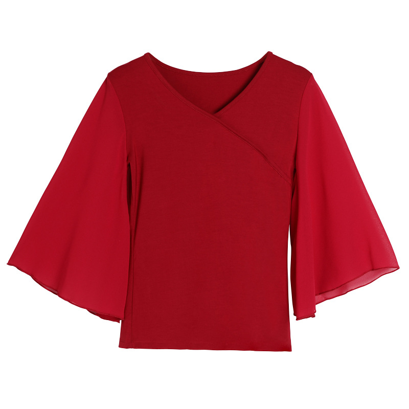 New Modal Dance Suit Chiffon Horn Gauze Sleeve Square Dance Dance Top V-Neck Team Performance Suit