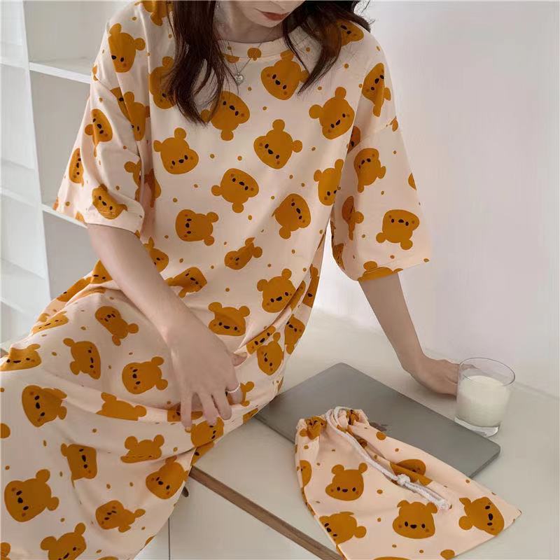 Women's summer nightdress Korean style spring and autumn student home wear cute thin short sleeve cartoon loose maternity pajamas summer