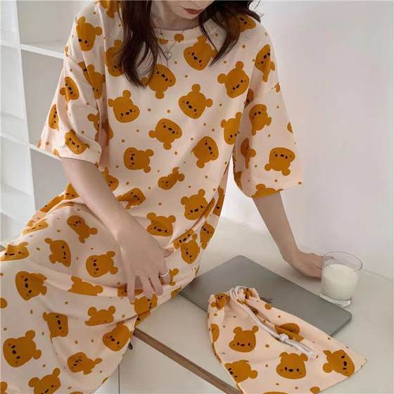 Women's summer nightdress Korean style spring and autumn student home wear cute thin short sleeve cartoon loose maternity pajamas summer