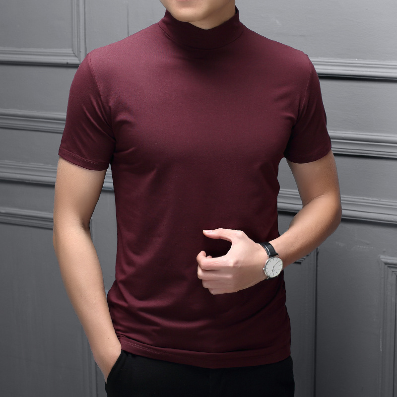A generation of spring and summer men's half-high collar milk silk short sleeve slim T-shirt men's high collar trend base shirt