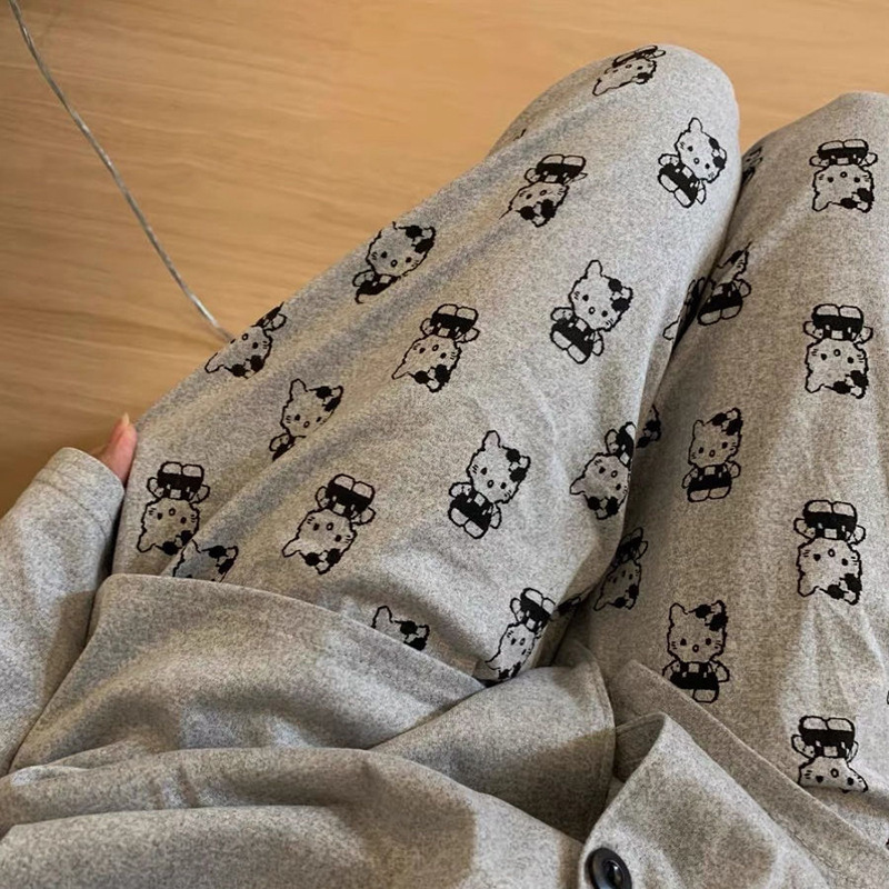 かわいい漫画のケイティの猫のプリントの睡眠のズボンの女性の春秋の新型のゆったりしているカジュアルなズボンの高い腰のまっすぐなズボンの家庭のズボン|undefined