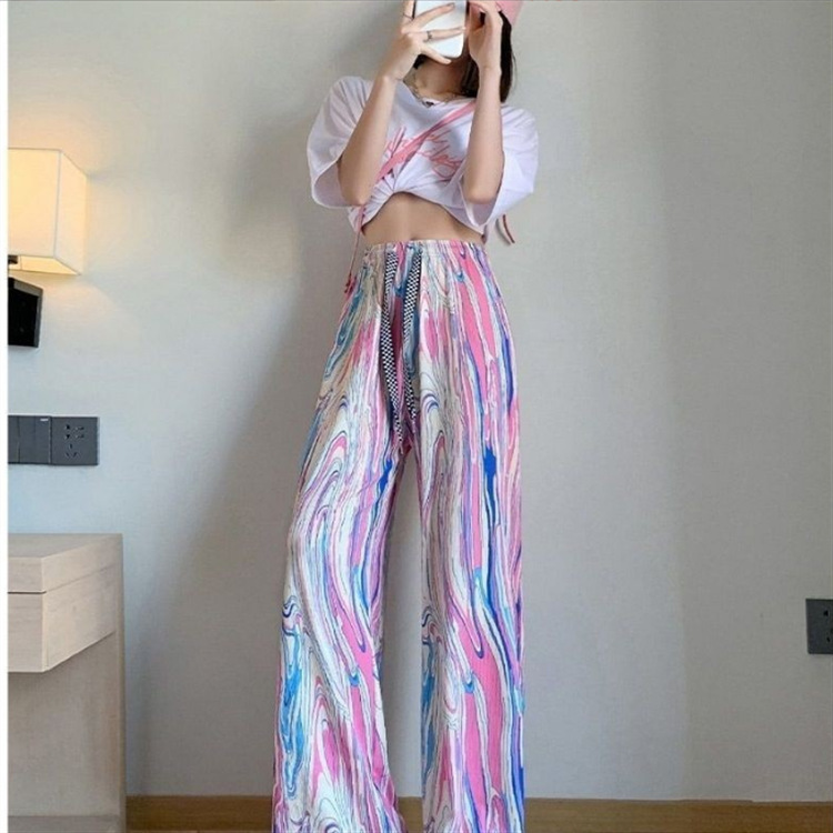 Rainbow Stripe Tie-Dye Straight-Leg Wide-Leg Pants Women's Summer Thin 2024 High Waist Display Loose Printed Mop Pants