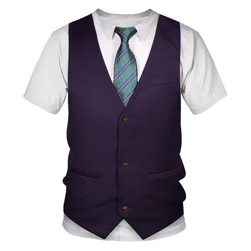 2022 new fashion fake two-piece 3d digital printing T-shirt men's fake suit source factory