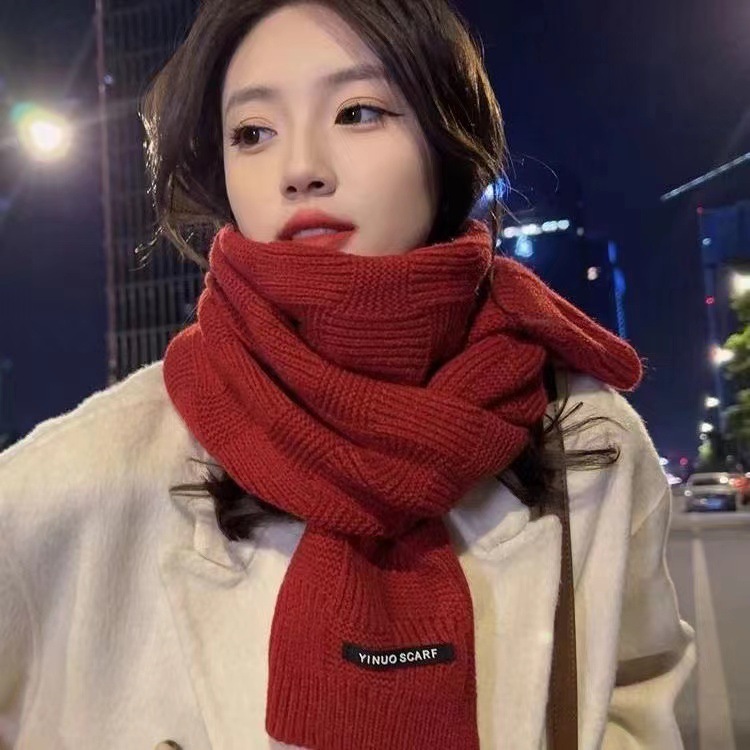 Pure color dark green Chanel style plaid wool knitted scarf for women winter red plaid for boys warm scarf