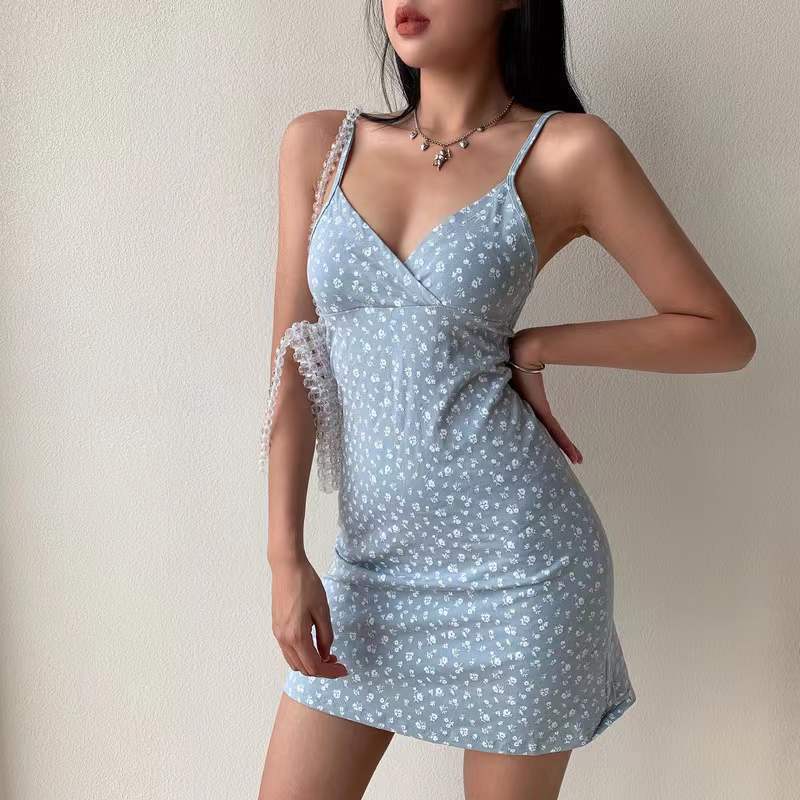 Europe and the United States pure want retro printed V-neck suspender dress women's summer 2023 new floral suspender skirt women's foreign trade