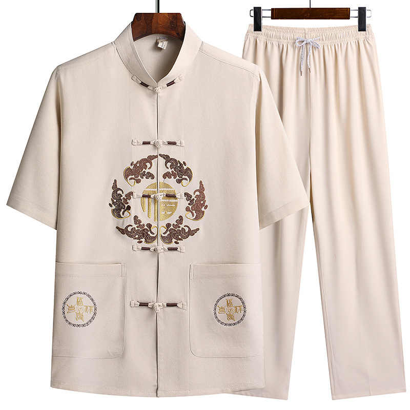 Chinese style Tang suit middle-aged and elderly summer suit dad suit Grandpa suit morning exercise Chinese style buckle elegant solid color embroidery