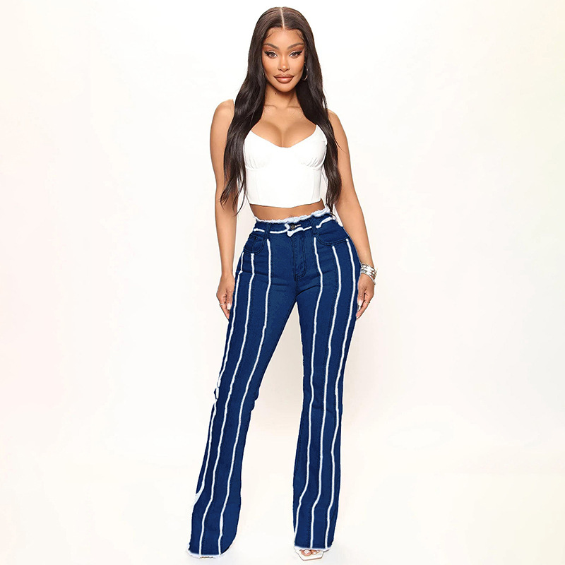 2023 Spring and Summer New Amazon Cross-border High Elastic Mid-waist Burr Women's Denim Pants Super Hot