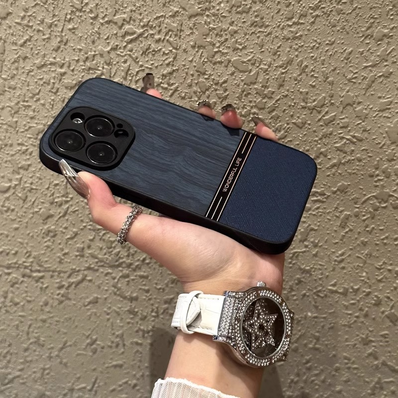 For Apple 15promax phone case plain leather new iphone14 advanced sense 16 wood grain 12 all-inclusive lens