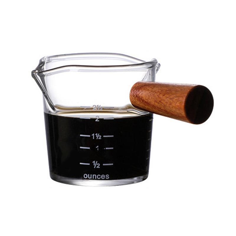 High temperature resistant coffee extraction measuring cup with scale oz double mouth cup glass with wooden handle with milk tank small Milk Cup