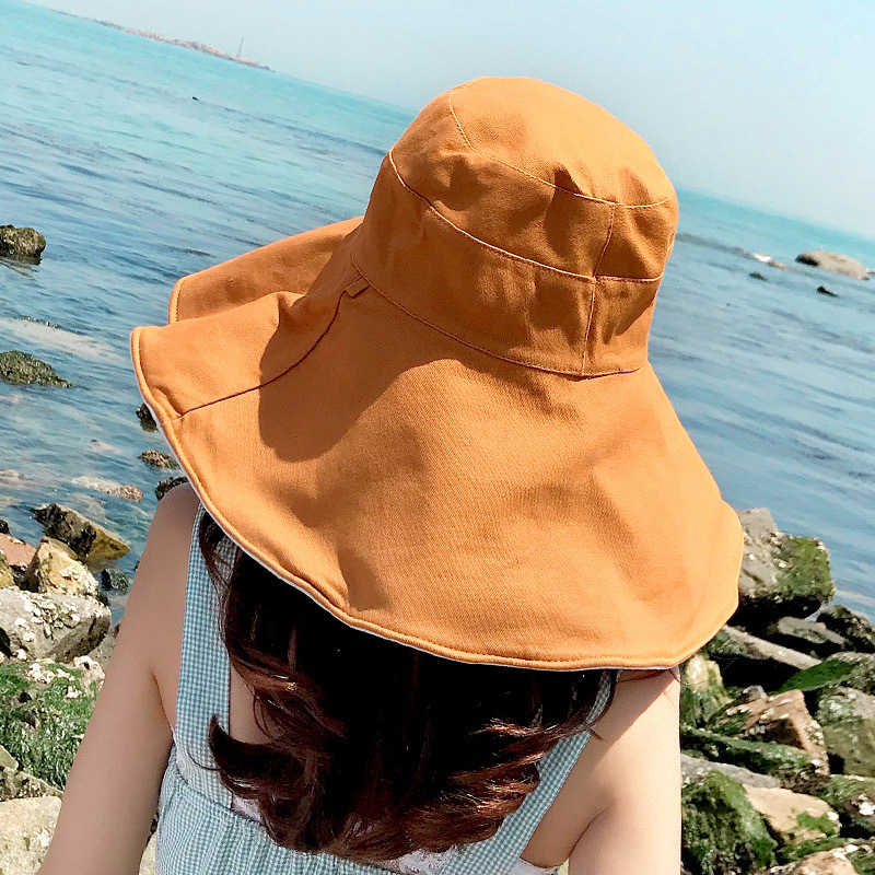 Hat Women's Summer Solid Color Large Brim Double-sided Fisherman Hat All-match Outdoor Sun Hat Foldable Travel Sunscreen Hat Trendy