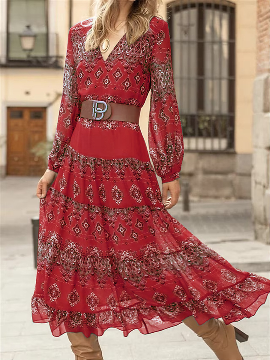 European and American long sleeve V-neck tight waist slimming A- line baroque print dress elegant large swing long skirt with belt