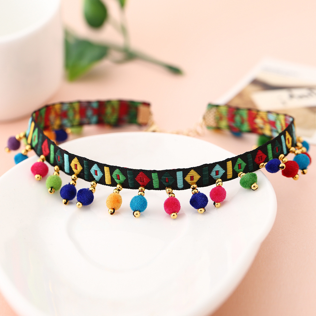 New European and American exotic cross-border fabric embroidery color multi ball bead tassel neck with foreign trade Jewelry necklace