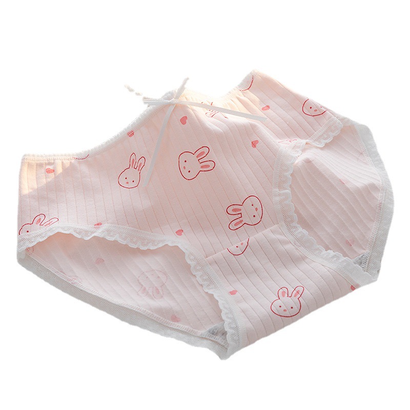Japanese Girl's Soft Girl's Underwear Love Cute Rabbit Printed Underwear Women's Pure Cotton Crotch Mid-Waist Hip Girls' Briefs