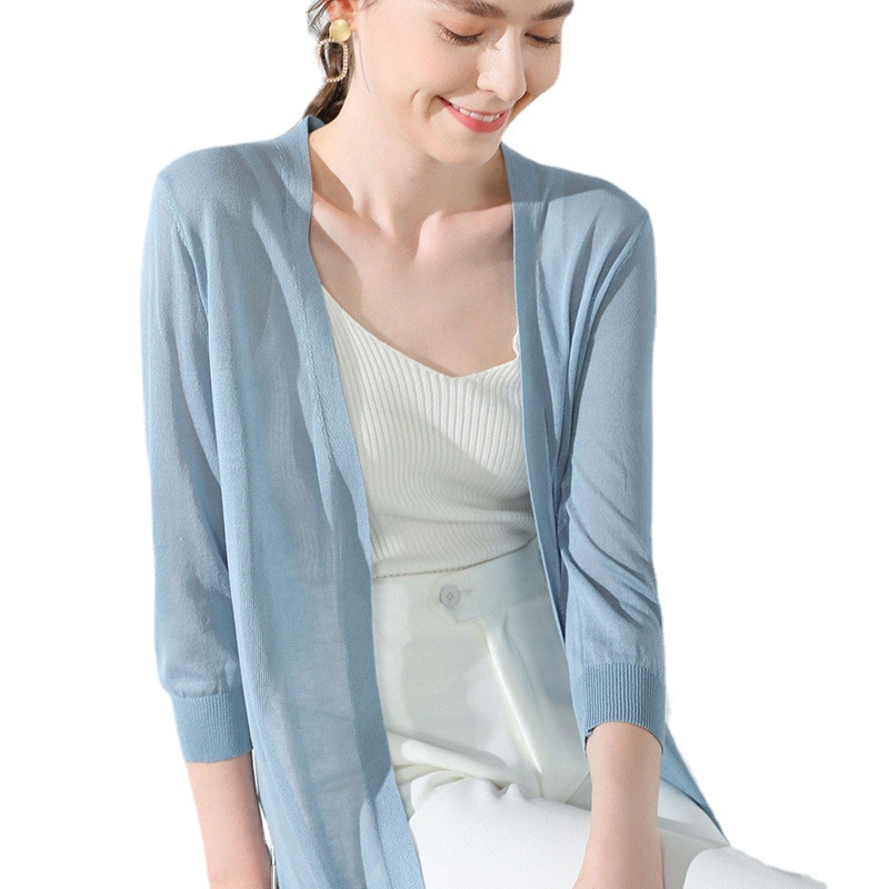 2023 Summer Women's Linen New Top Ice Silk Thin Jacket Knitted Cardigan Women's Mid-length Air Conditioner Sunscreen Shirt
