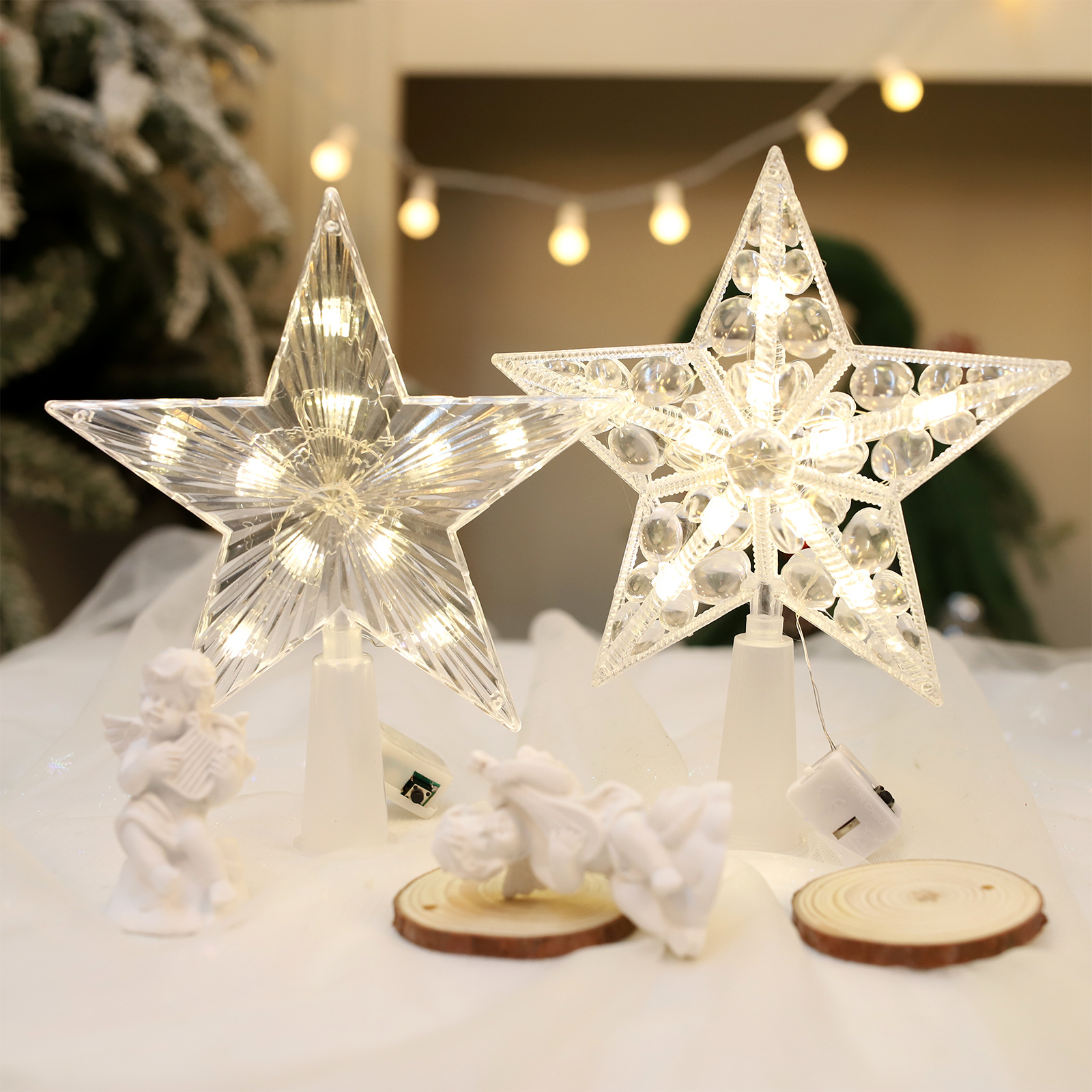 Christmas New luminous tree top star Christmas tree decoration supplies cross-border for Christmas transparent five-pointed star with light