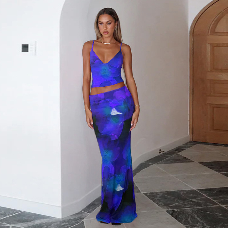 European and American women's 2025 summer new fashion printing sexy V-neck small vest slim skirt suit wholesale