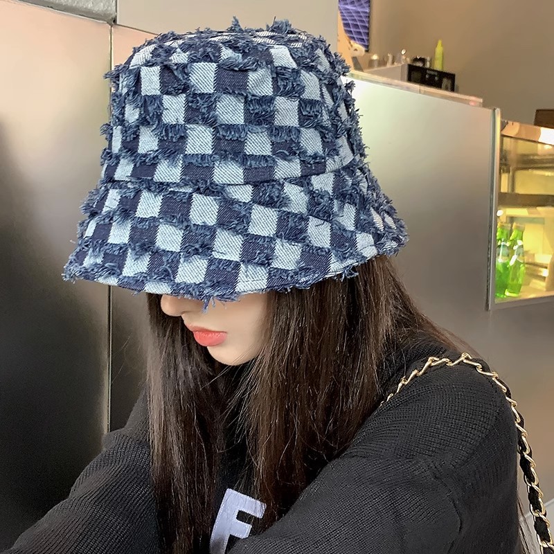 棋盤格時尚西部牛仔帽女春夏毛邊騎士帽大檐露營漁夫帽戶外遮陽帽